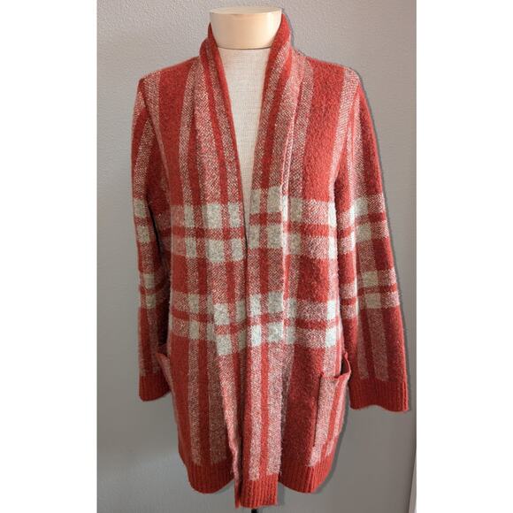 Womens Cyrus Plaid Long Line Shawl Collar Cardigan Sweater Orange Cream Size L - Picture 1 of 4